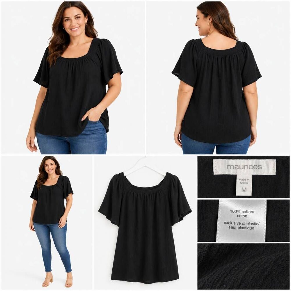 Maurices Black Cotton Flutter Sleeve Top M